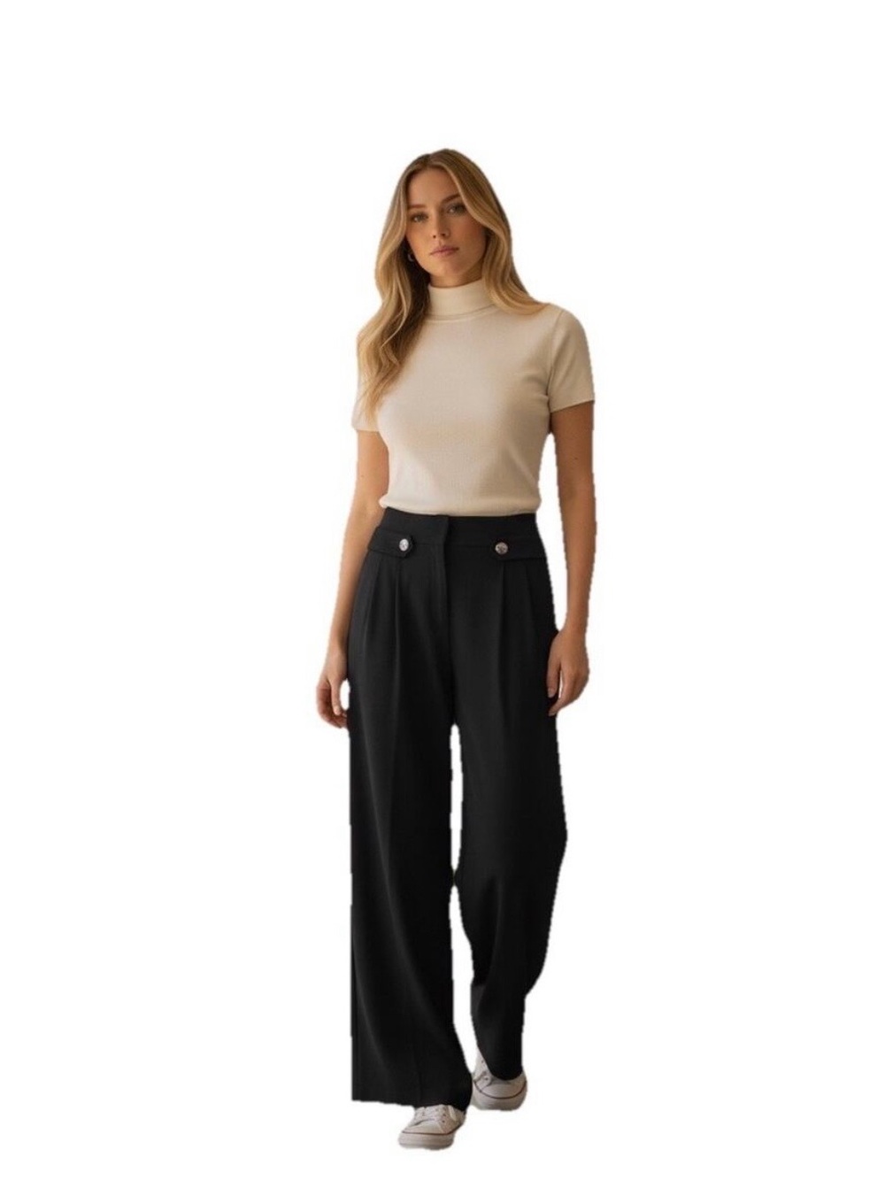 The LOFT black wide-leg dress pants with rhinestone buttons